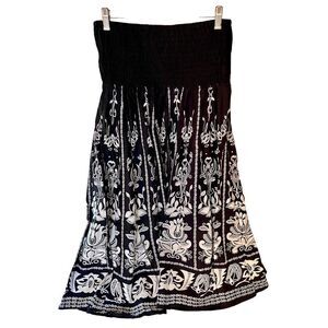 India Boutique Black White Floral Deco Design Elastic Top Dress/Skirt One Size